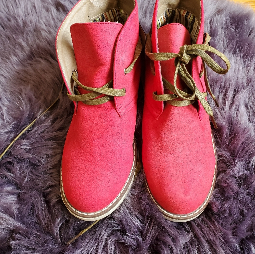 Suede Red Booties with brown trimming- size 11